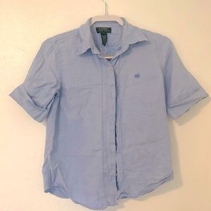 Coastal Summer Blue 100% Linen Ralph Lauren Cuffed Sleeve Shirt, size Small